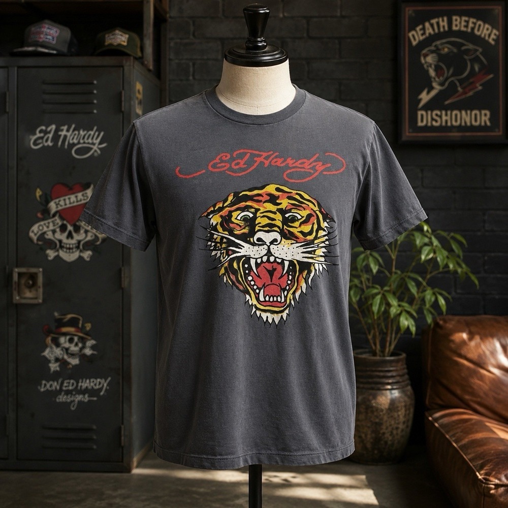 Ed Hardy Tiger Graphic T Shirt Men's Medium Gray Christian Audigier Y2K Tattoo